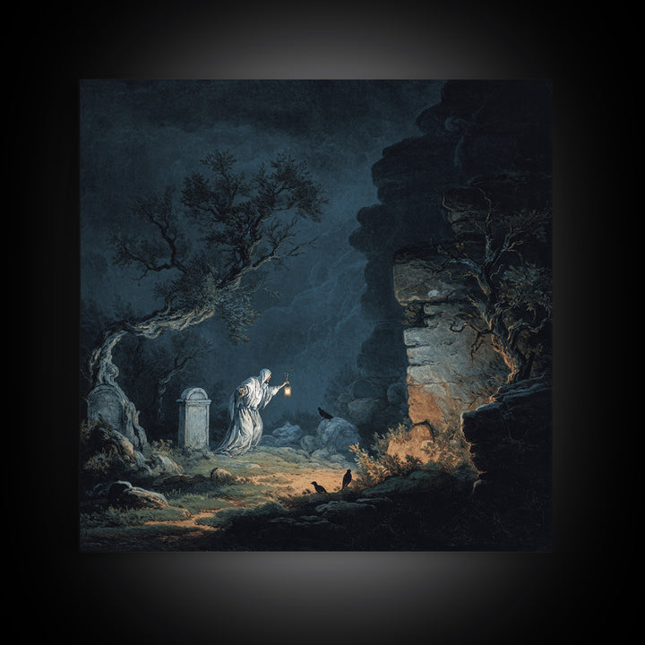 The Graveyard Ghost, Baroque Witchcraft Art, Square Wall Art, Dark Halloween Decor, Canvas Print, Halloween Wall Art, Gothic Home Decor