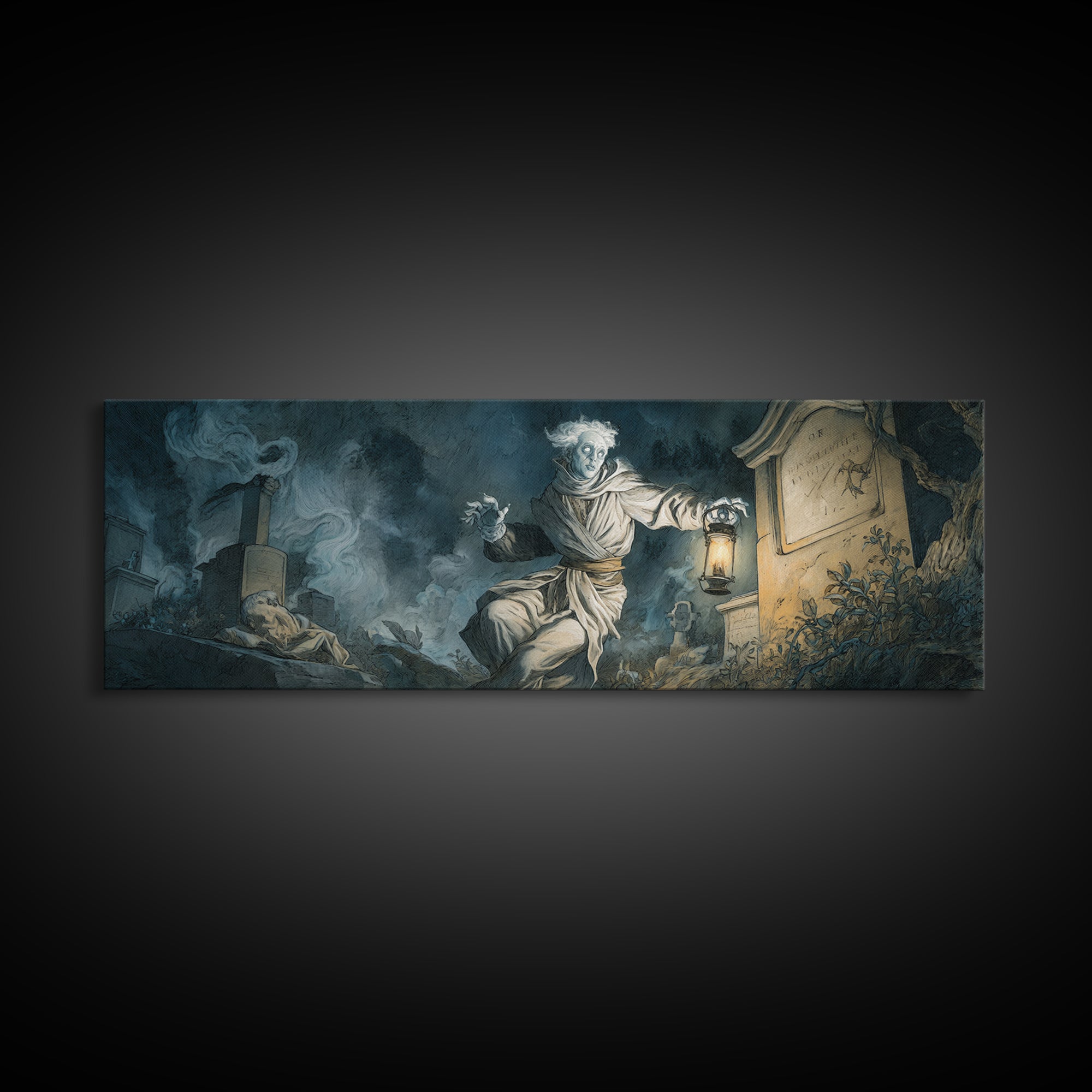 The Graveyard Ghost, Gothic Nightmare Art, Extra Wide Wall Art, Dark Halloween Decor, Canvas Print, Halloween Wall Art