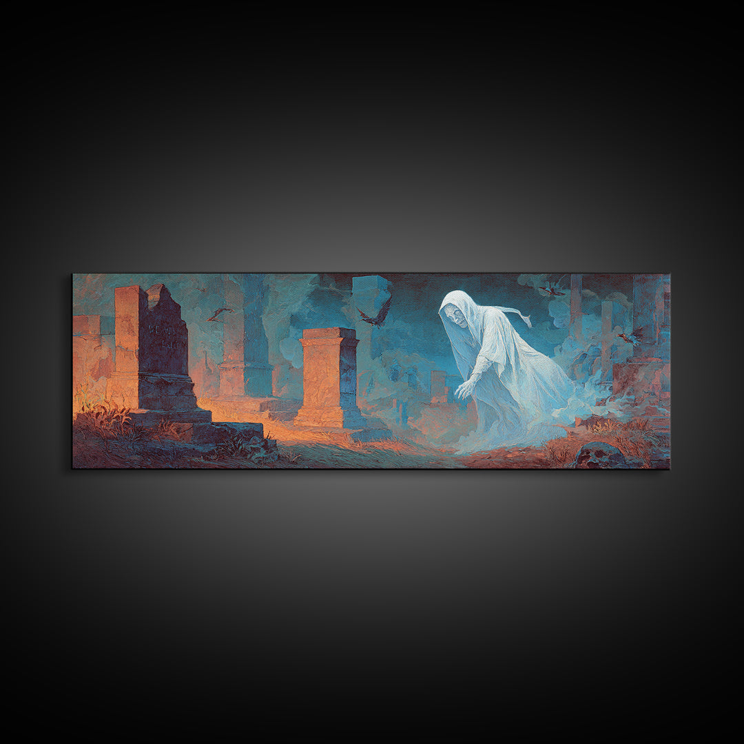 The Graveyard Ghost, Apocalyptic Romantic Art, Extra Wide Wall Art, Dark Halloween Decor, Canvas Print, Halloween Wall Art, Dark Fantasy Art