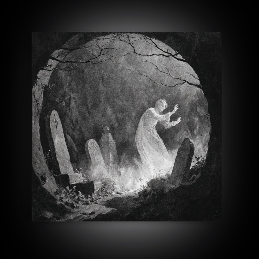 The Graveyard Ghost, Symbolist Dream Art, Square Wall Art, Dark Halloween Decor, Framed Canvas Print, Halloween Wall Art