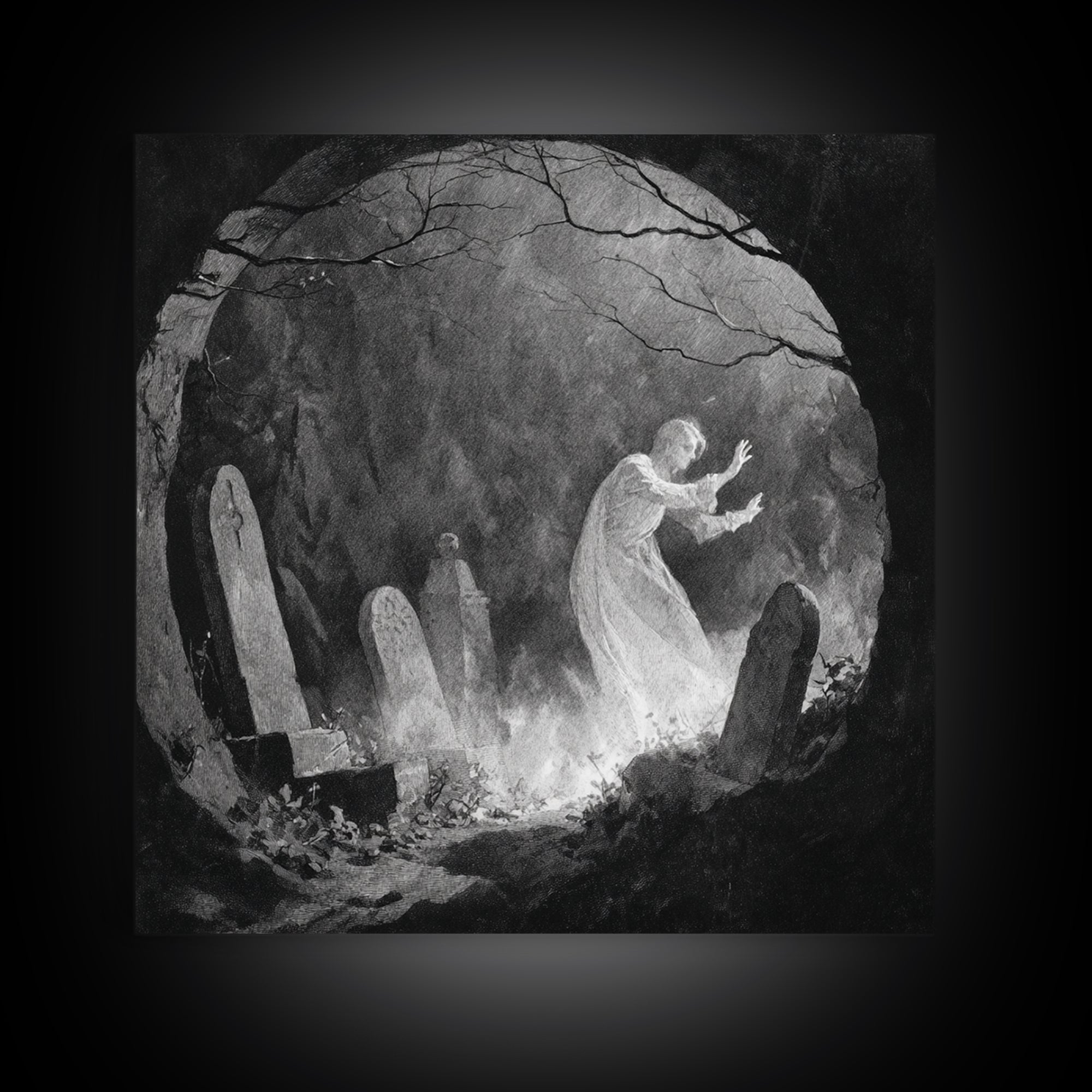 The Graveyard Ghost, Symbolist Dream Art, Square Wall Art, Dark Halloween Decor, Framed Canvas Print, Halloween Wall Art