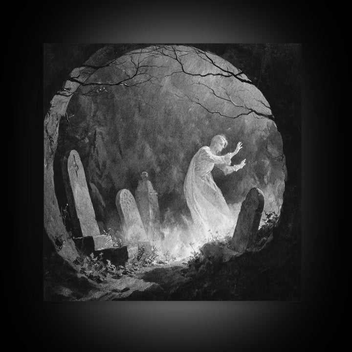 The Graveyard Ghost, Symbolist Dream Art, Square Wall Art, Dark Halloween Decor, Framed Canvas Print, Halloween Wall Art