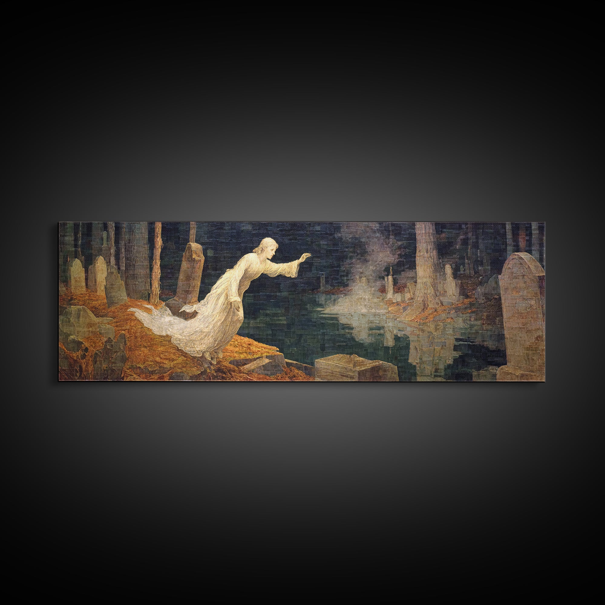 The Graveyard Ghost, Symbolist Gothic Landscape, Extra Wide Wall Art, Dark Fantasy Wall Art, Framed Canvas Print, Halloween Wall Art