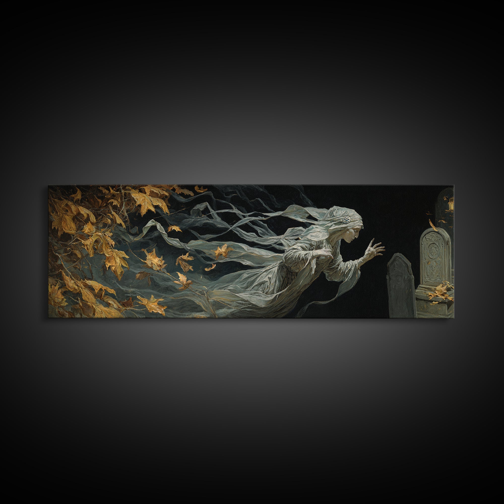 The Graveyard Ghost, Ornate Symbolist Art, Extra Wide Wall Art, Dark Fantasy Wall Art, Framed Canvas Print, Halloween Wall Art