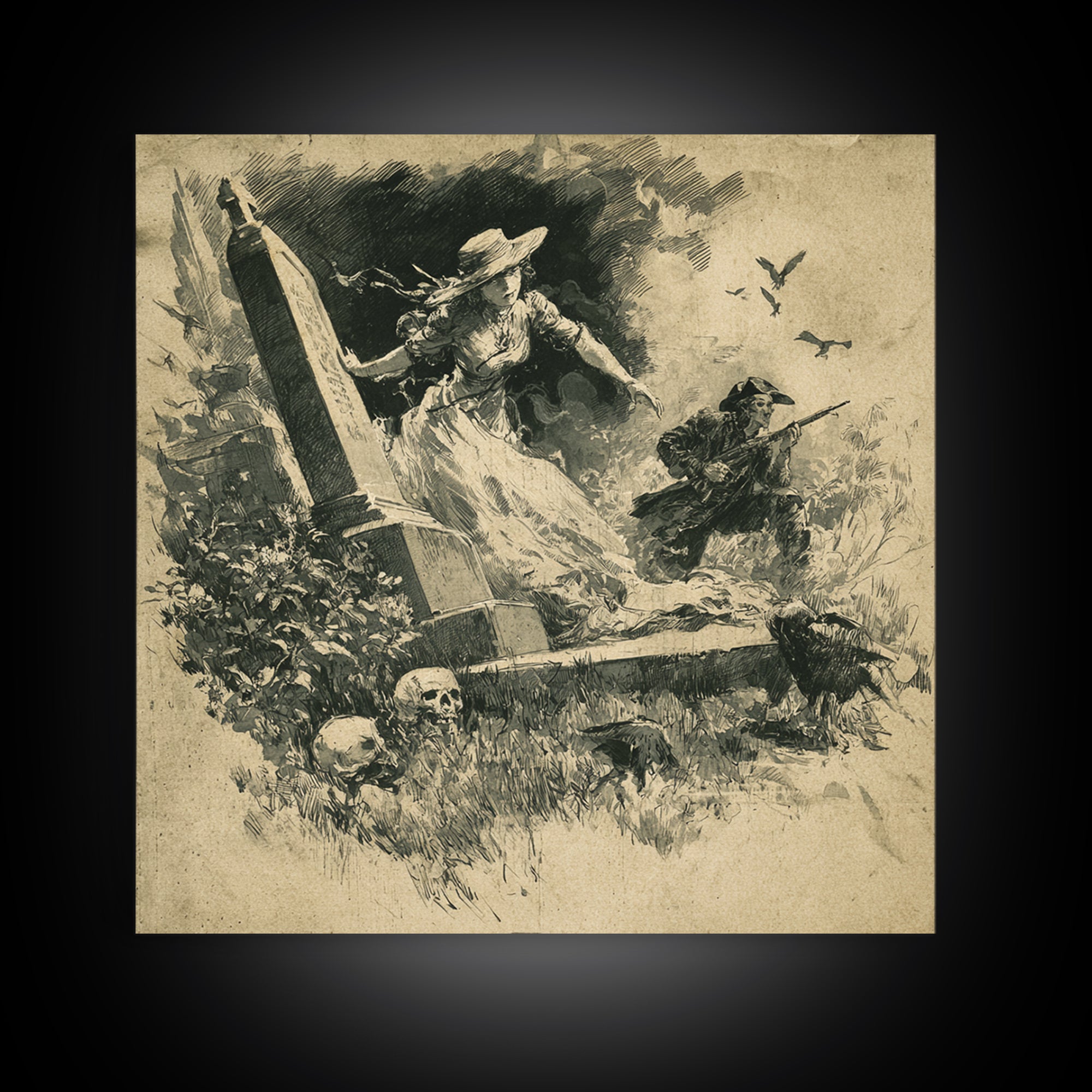 The Graveyard Ghost, Decadent Gothic Art, Square Wall Art, Dark Halloween Decor, Framed Canvas Print, Halloween Wall Art