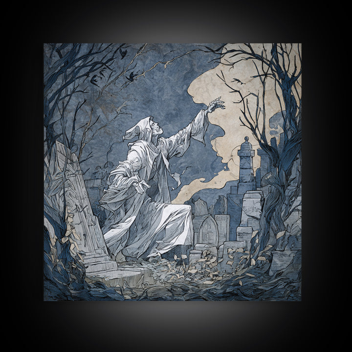 The Graveyard Ghost, Symbolist Etching Art, Square Wall Art, Macabre Wall Art, Framed Canvas Print, Halloween Wall Art, Gothic Home Decor