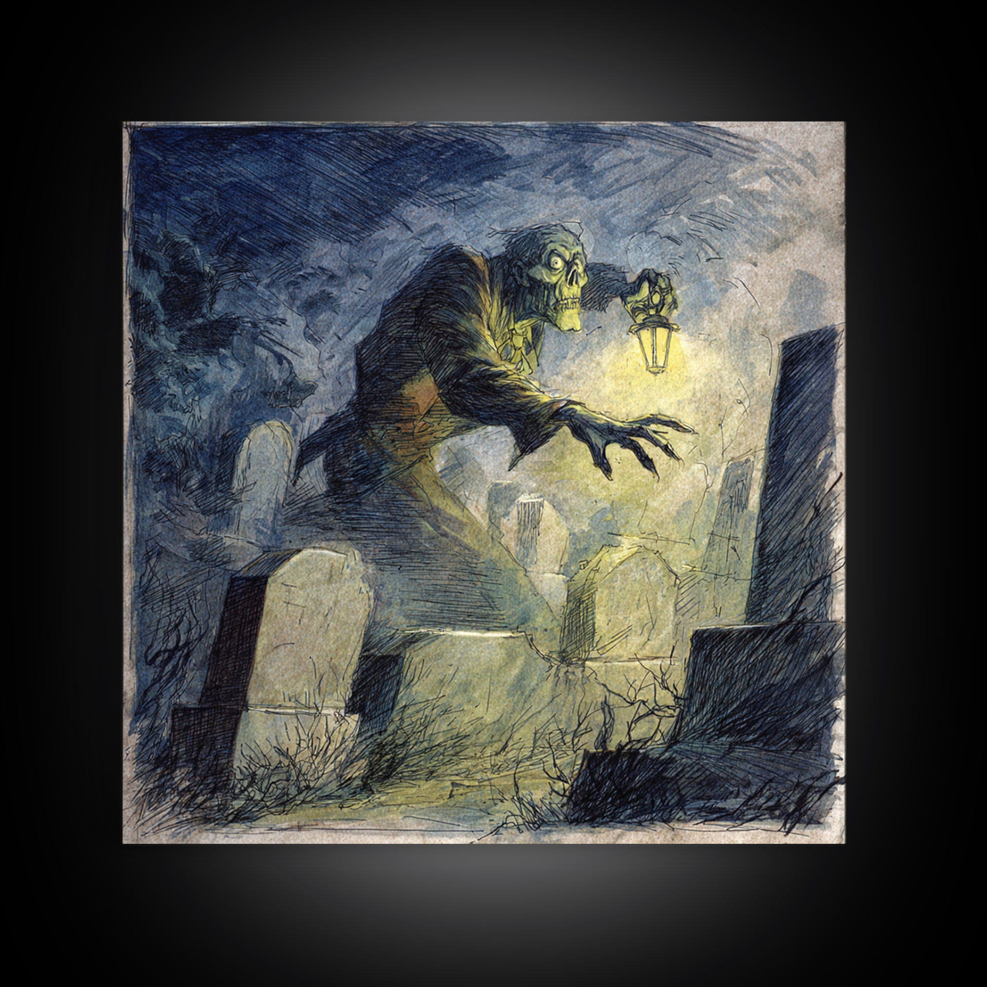The Graveyard Ghost, Expressionist Nightmare Art, Square Wall Art, Dark Halloween Decor, Framed Canvas Print, Halloween Wall Art