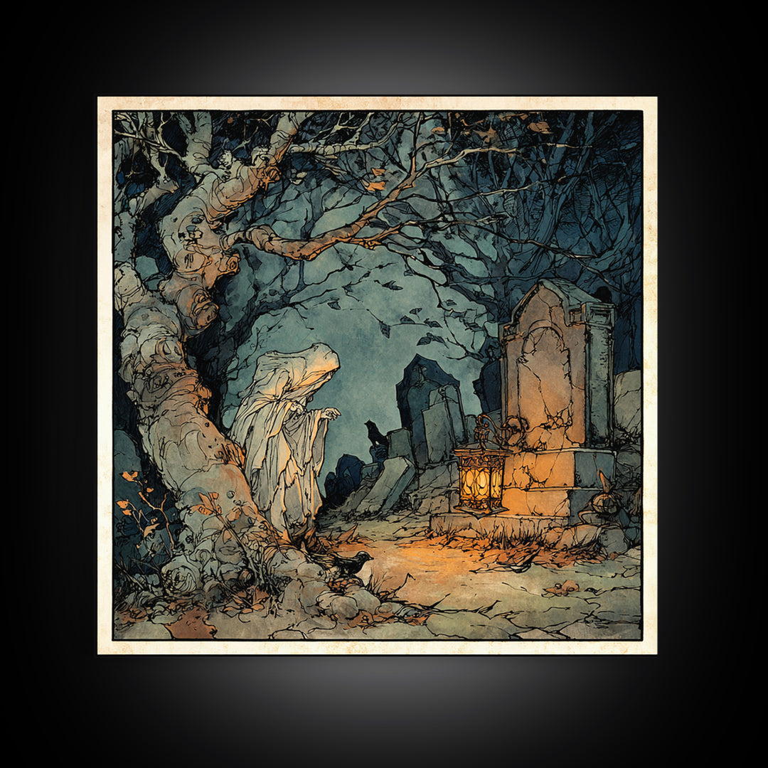 The Graveyard Ghost, Gothic Storybook Art, Square Wall Art, Dark Fantasy Wall Art, Canvas Print, Halloween Wall Art