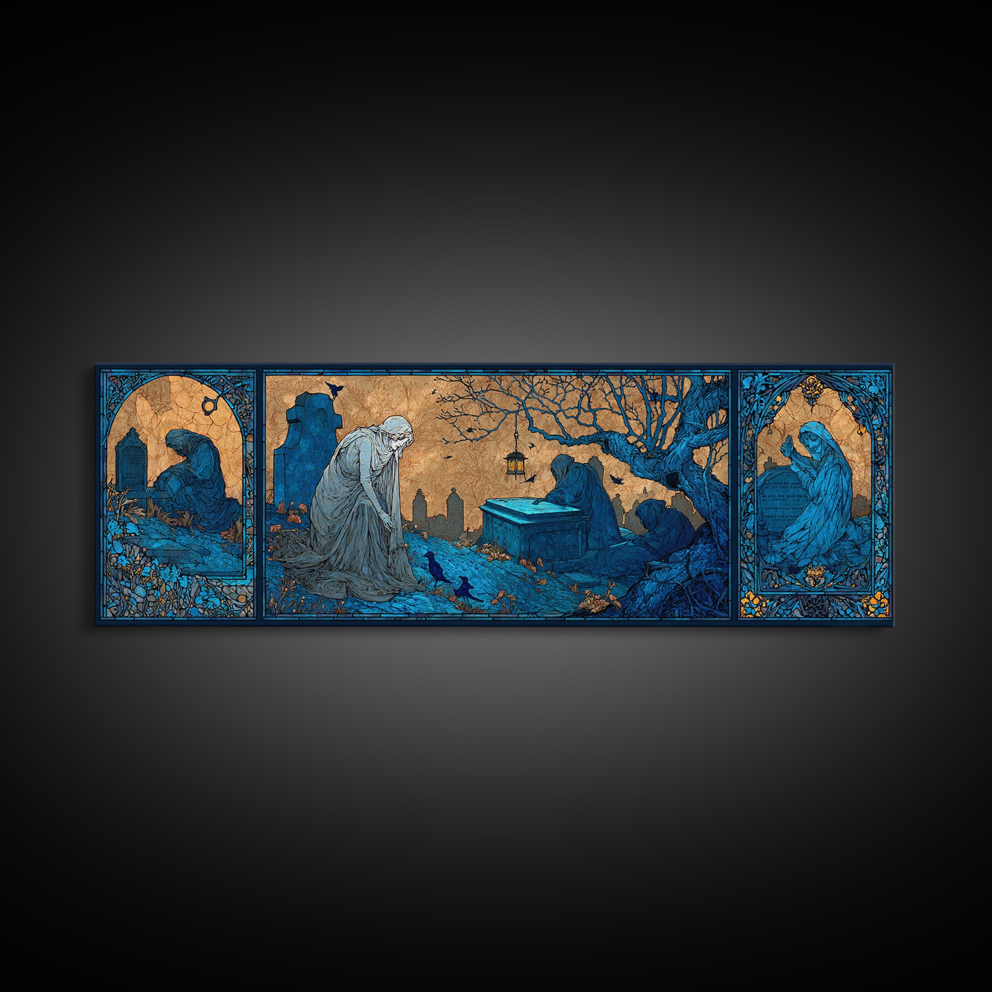 The Graveyard Ghost, Stained Glass Gothic Art, Extra Wide Wall Art, Dark Fantasy Wall Art, Canvas Print, Halloween Wall Art