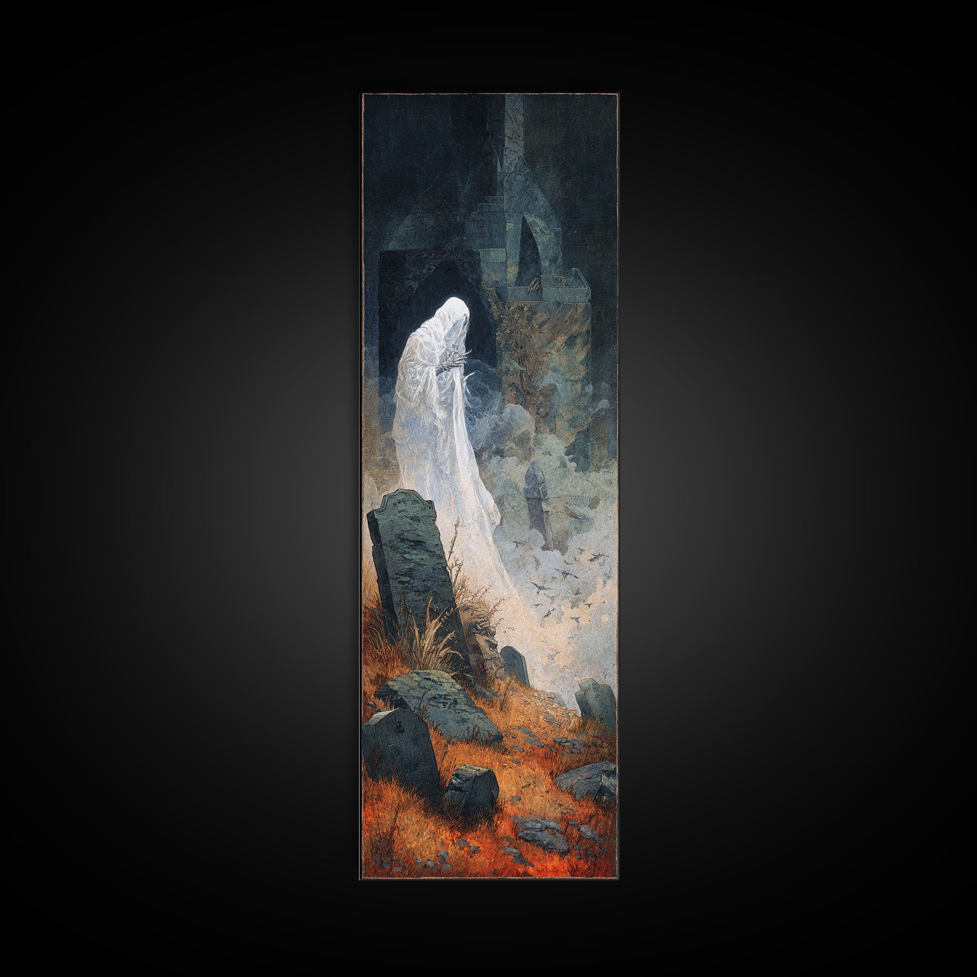 The Graveyard Ghost, Surreal Apocalyptic Art, Tall Narrow Wall Art, Dark Halloween Decor, Canvas Print, Halloween Wall Art