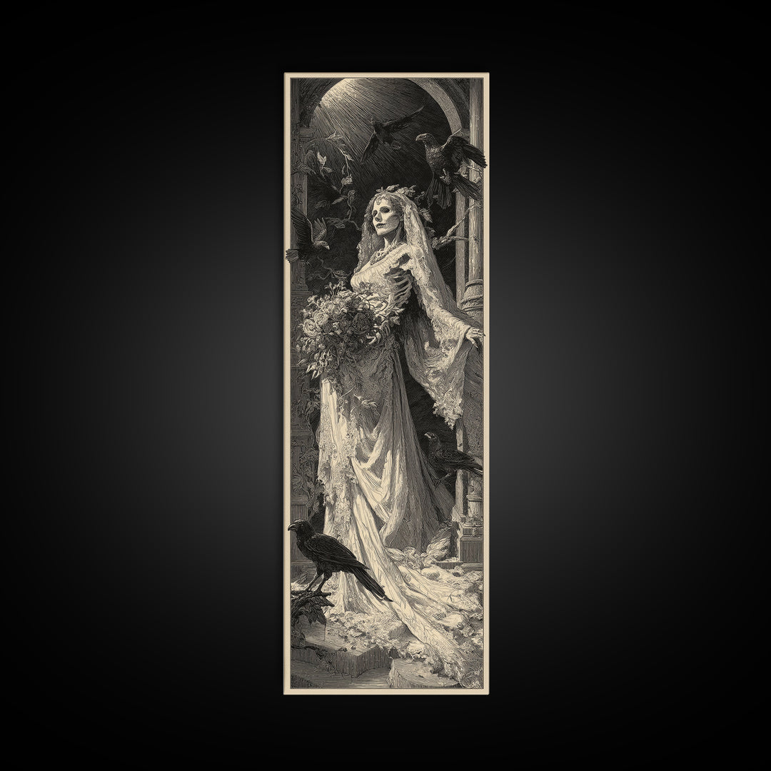 The Skeletal Bride, Gothic Engraving Art, Tall Narrow Wall Art, Gothic Horror Wall Art, Canvas Print, Halloween Wall Art