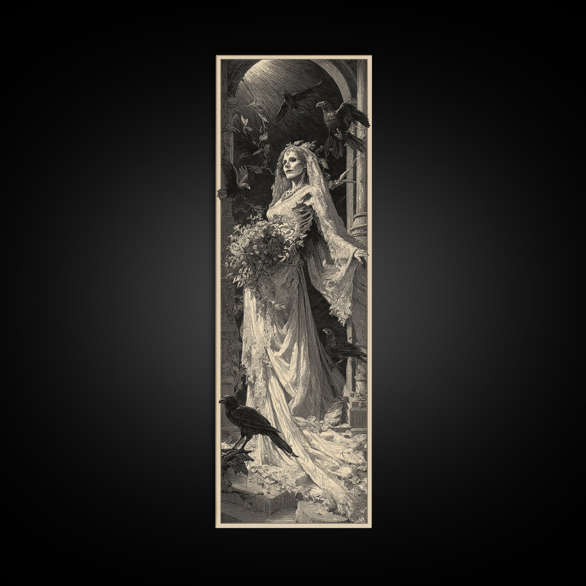 The Skeletal Bride, Gothic Engraving Art, Tall Narrow Wall Art, Gothic Horror Wall Art, Canvas Print, Halloween Wall Art