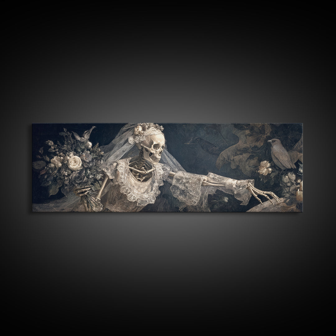 The Skeletal Bride, Medieval Grotesque Art, Extra Wide Wall Art, Dark Fantasy Wall Art, Framed Canvas Print, Halloween Wall Art