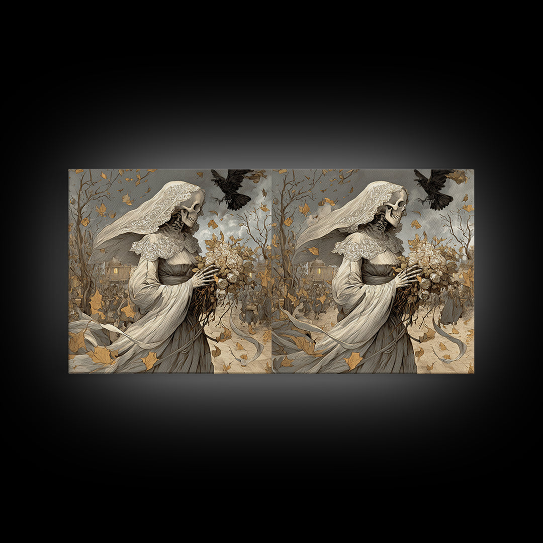 The Skeletal Bride, Northern Renaissance Horror, Wide Panoramic Art, Dark Fantasy Wall Art, Canvas Print, Halloween Wall Art