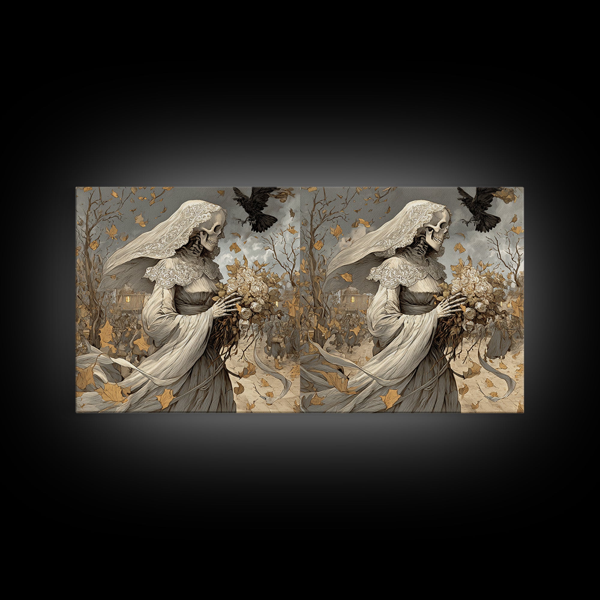 The Skeletal Bride, Northern Renaissance Horror, Wide Panoramic Art, Dark Fantasy Wall Art, Canvas Print, Halloween Wall Art