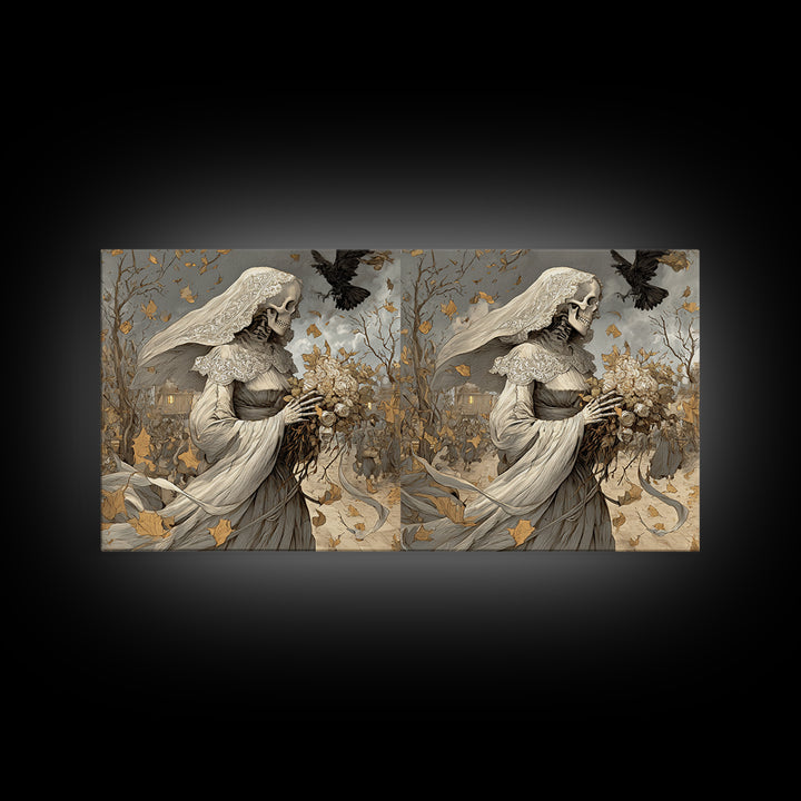 The Skeletal Bride, Northern Renaissance Horror, Wide Panoramic Art, Dark Fantasy Wall Art, Canvas Print, Halloween Wall Art
