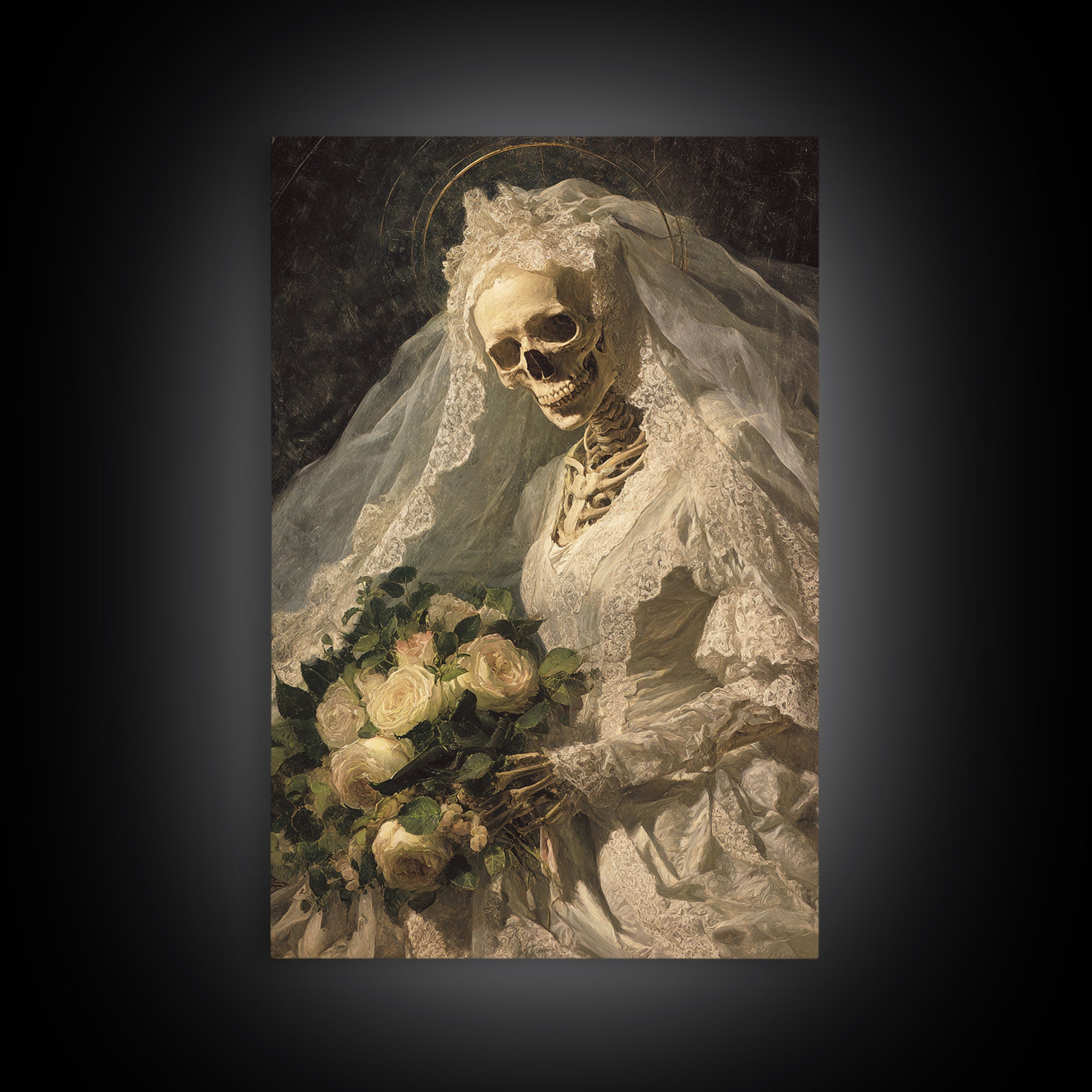 The Skeletal Bride, Dark Renaissance Art, Vertical Wall Art, Macabre Wall Art, Framed Canvas Print, Halloween Wall Art