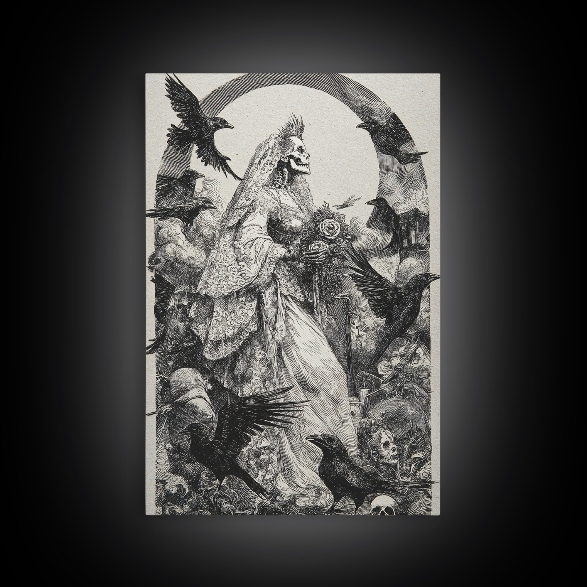 The Skeletal Bride, Renaissance Engraving Art, Vertical Wall Art, Macabre Wall Art, Framed Canvas Print, Halloween Wall Art