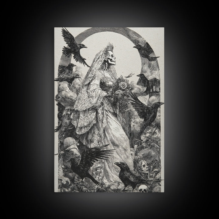 The Skeletal Bride, Renaissance Engraving Art, Vertical Wall Art, Macabre Wall Art, Framed Canvas Print, Halloween Wall Art