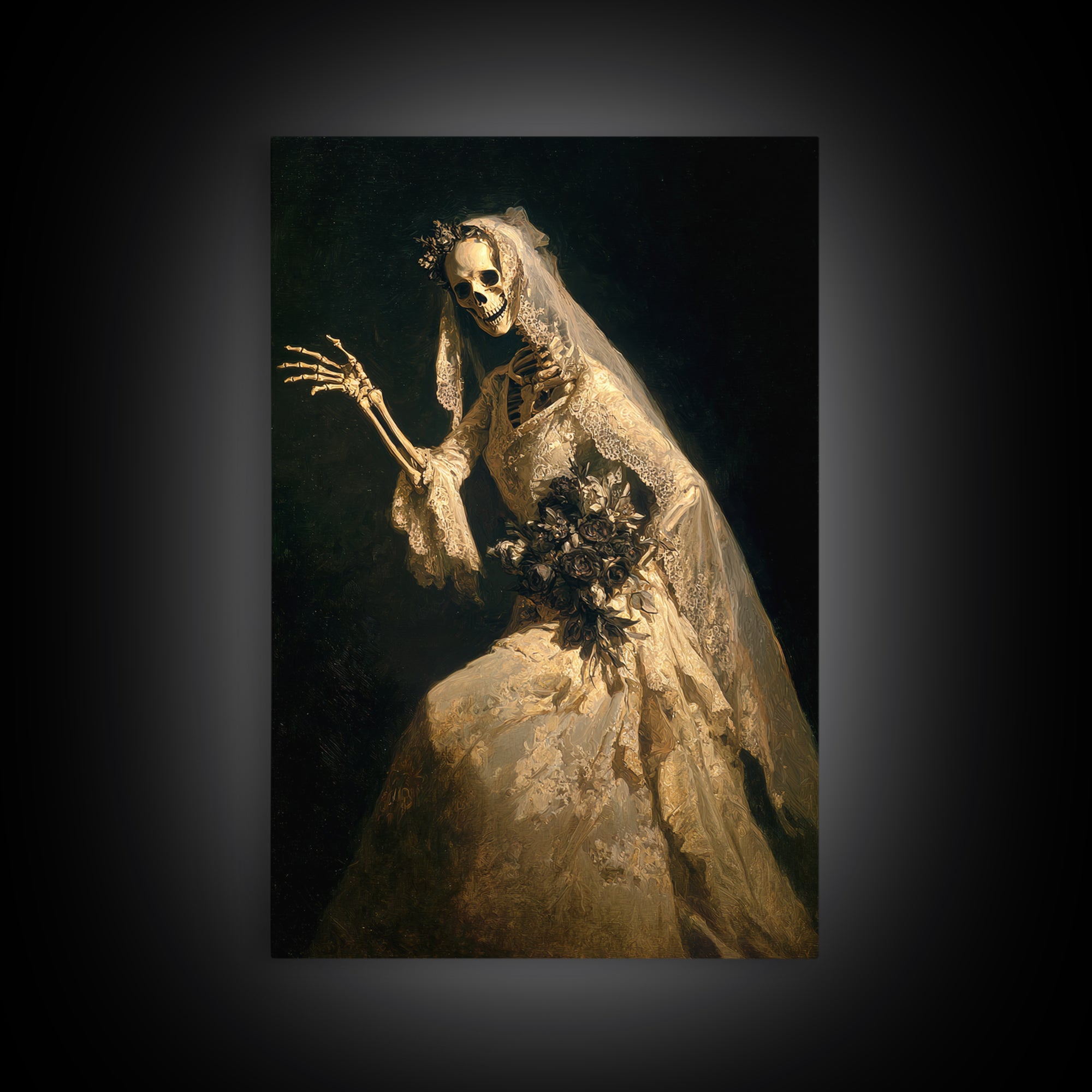 The Skeletal Bride, Dark Romantic Horror Art, Vertical Wall Art, Gothic Horror Wall Art, Framed Canvas Print, Halloween Wall Art
