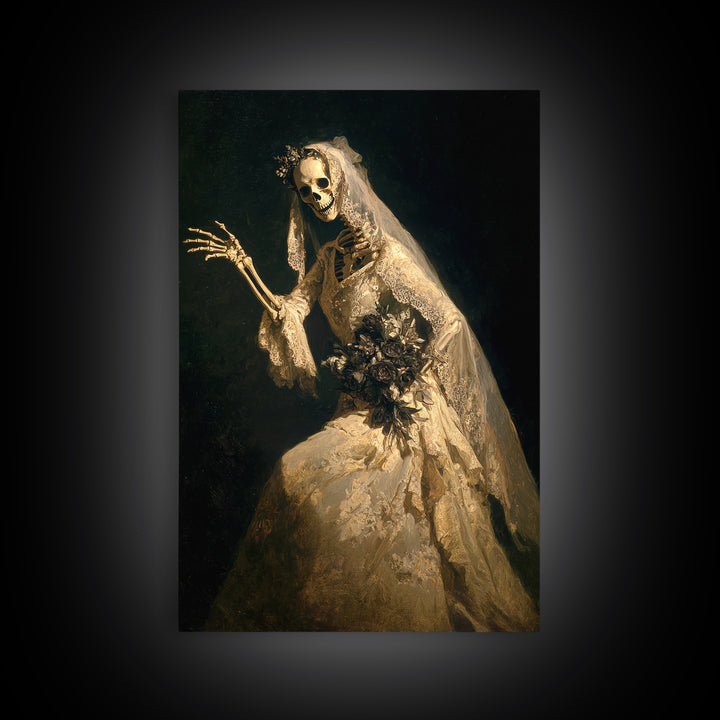 The Skeletal Bride, Dark Romantic Horror Art, Vertical Wall Art, Gothic Horror Wall Art, Framed Canvas Print, Halloween Wall Art