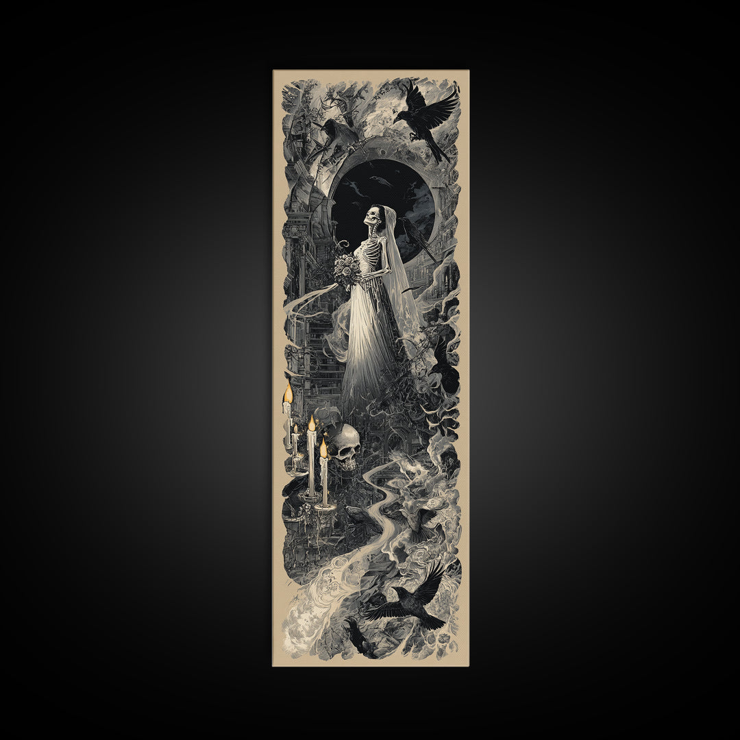 The Skeletal Bride, Architectural Etching Art, Tall Narrow Wall Art, Dark Halloween Decor, Framed Canvas Print