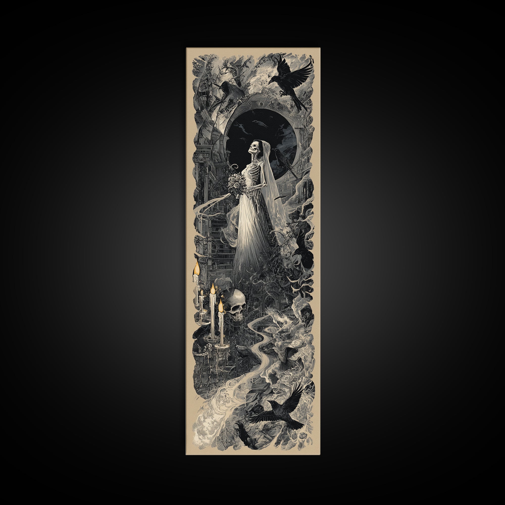 The Skeletal Bride, Architectural Etching Art, Tall Narrow Wall Art, Dark Halloween Decor, Framed Canvas Print
