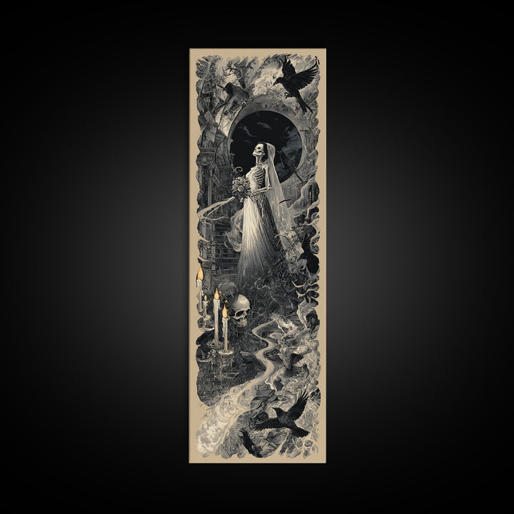 The Skeletal Bride, Architectural Etching Art, Tall Narrow Wall Art, Dark Halloween Decor, Framed Canvas Print