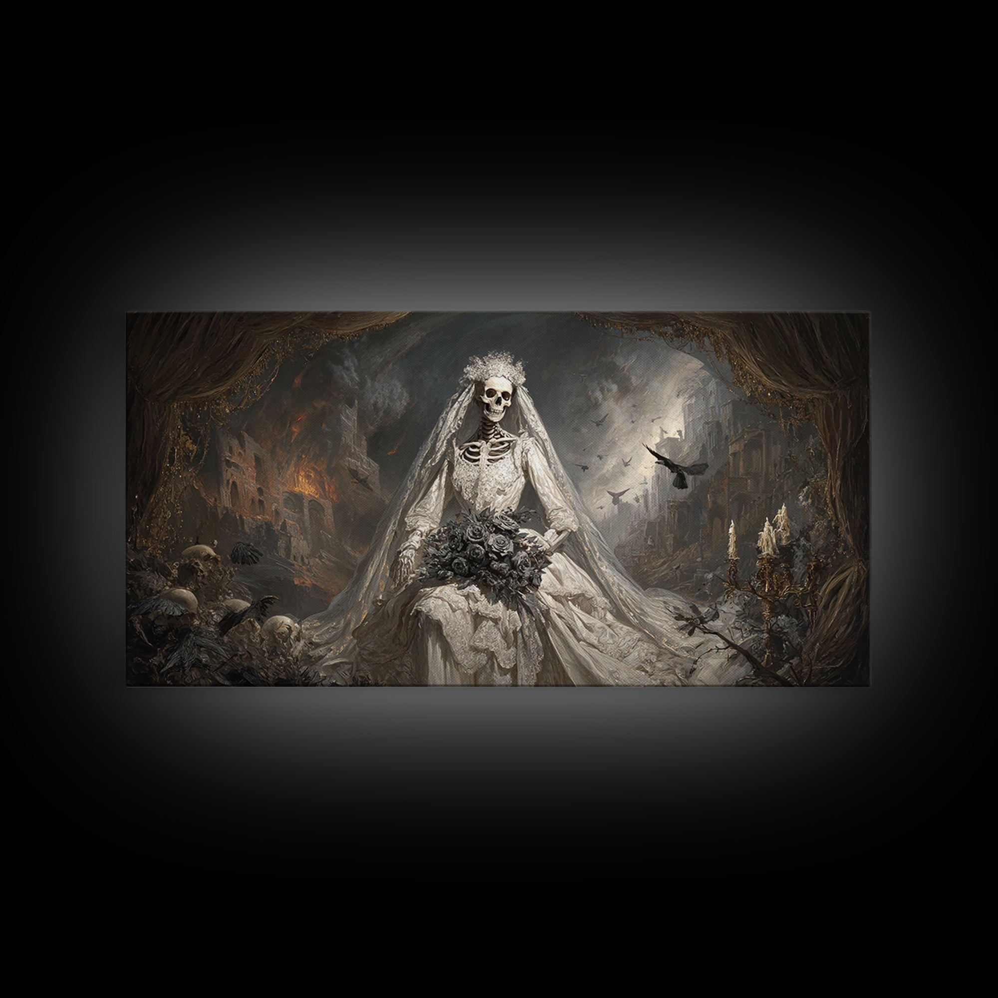 The Skeletal Bride, Apocalyptic Romantic Art, Wide Panoramic Art, Gothic Horror Wall Art, Canvas Print, Halloween Wall Art