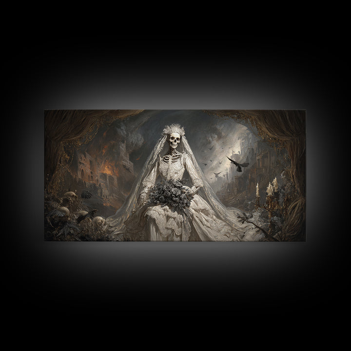 The Skeletal Bride, Apocalyptic Romantic Art, Wide Panoramic Art, Gothic Horror Wall Art, Canvas Print, Halloween Wall Art