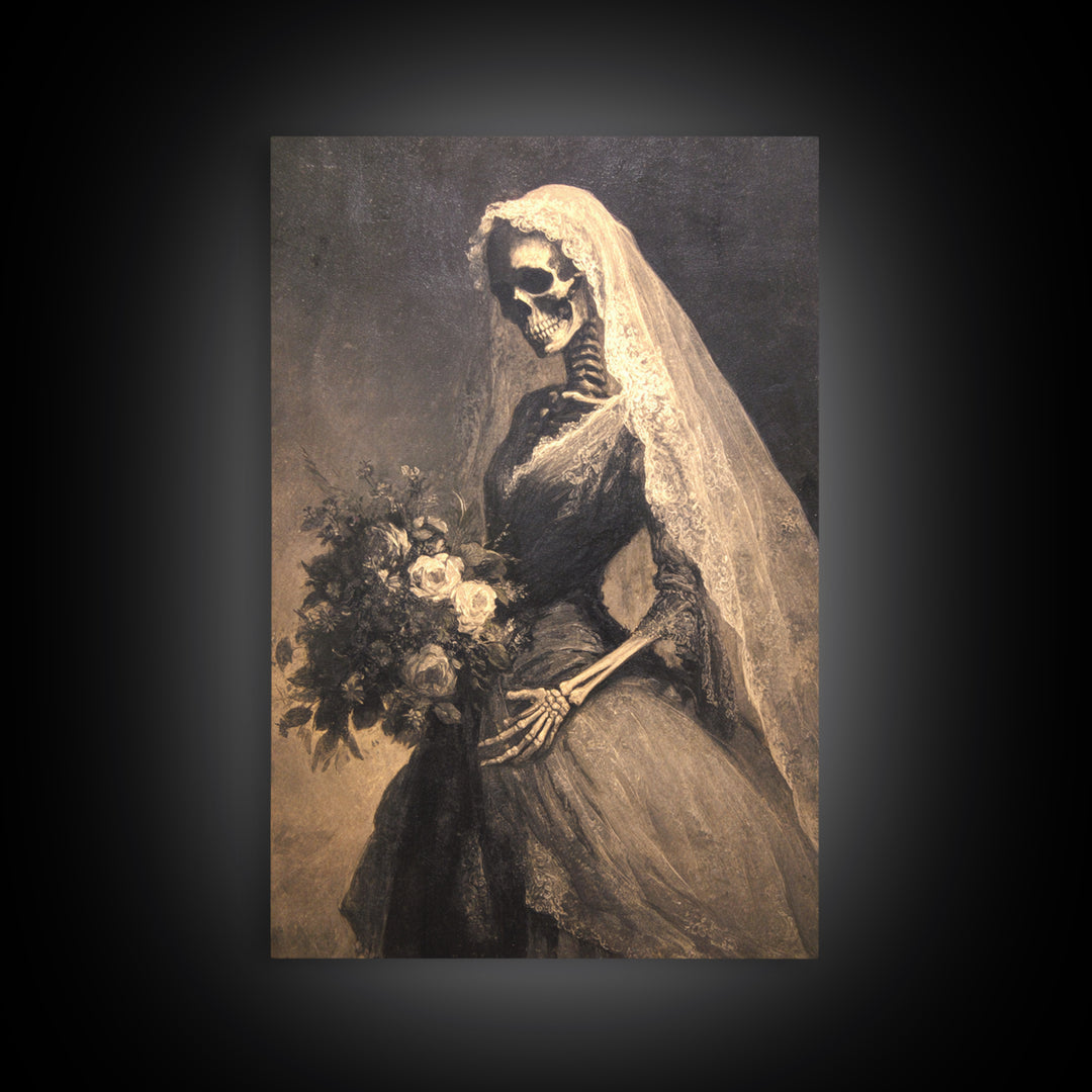 The Skeletal Bride, Symbolist Dream Art, Vertical Wall Art, Gothic Horror Wall Art, Framed Canvas Print, Halloween Wall Art