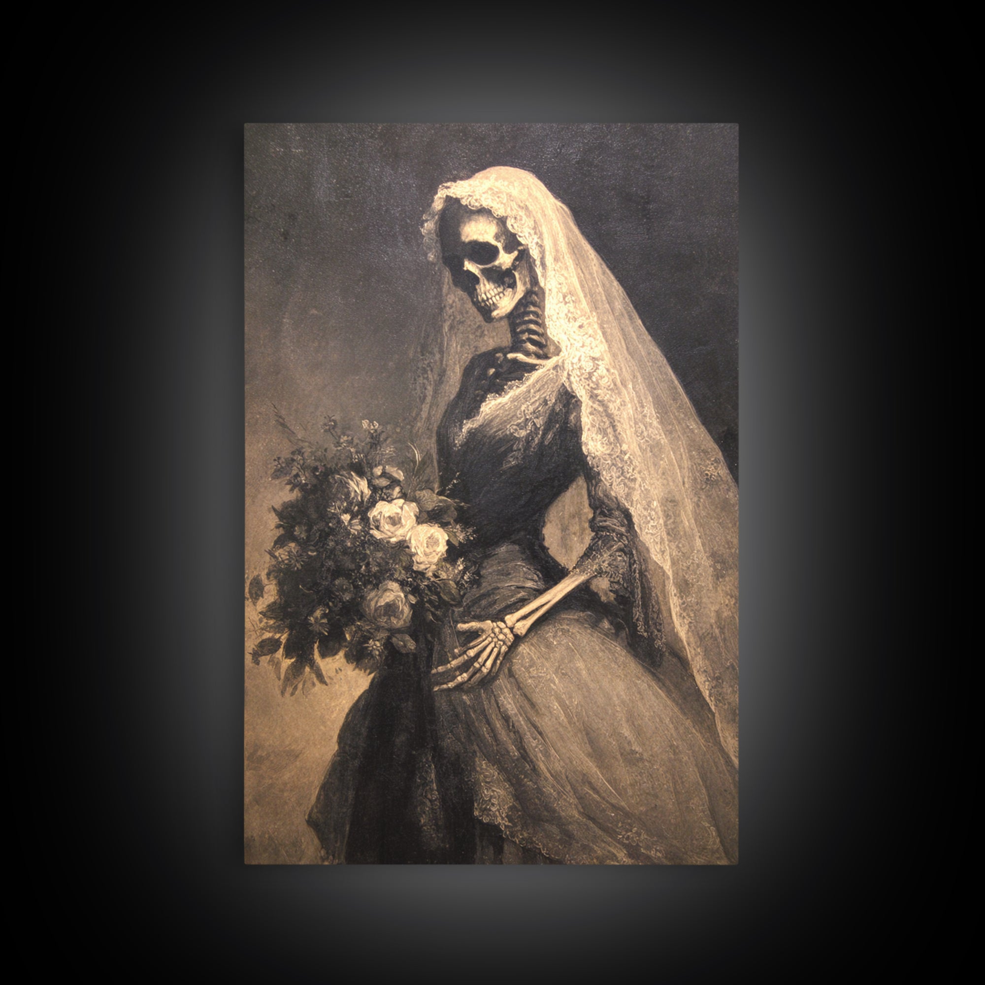 The Skeletal Bride, Symbolist Dream Art, Vertical Wall Art, Gothic Horror Wall Art, Framed Canvas Print, Halloween Wall Art