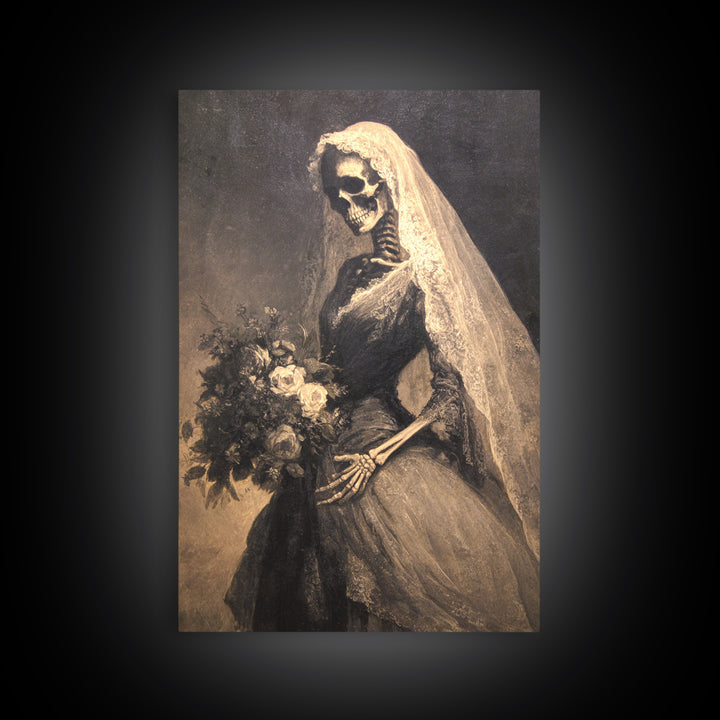 The Skeletal Bride, Symbolist Dream Art, Vertical Wall Art, Gothic Horror Wall Art, Framed Canvas Print, Halloween Wall Art