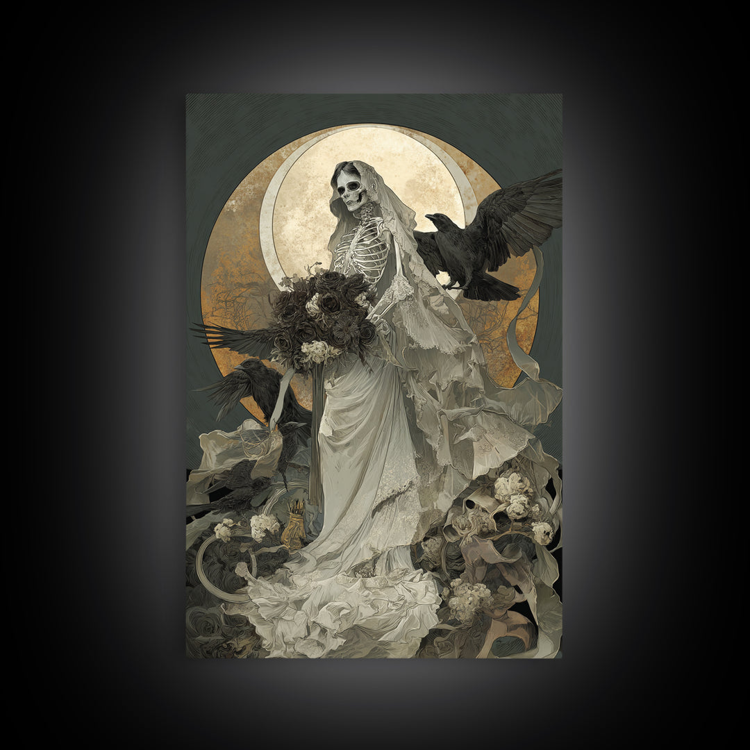 The Skeletal Bride, Decadent Gothic Art, Vertical Wall Art, Dark Halloween Decor, Framed Canvas Print, Halloween Wall Art