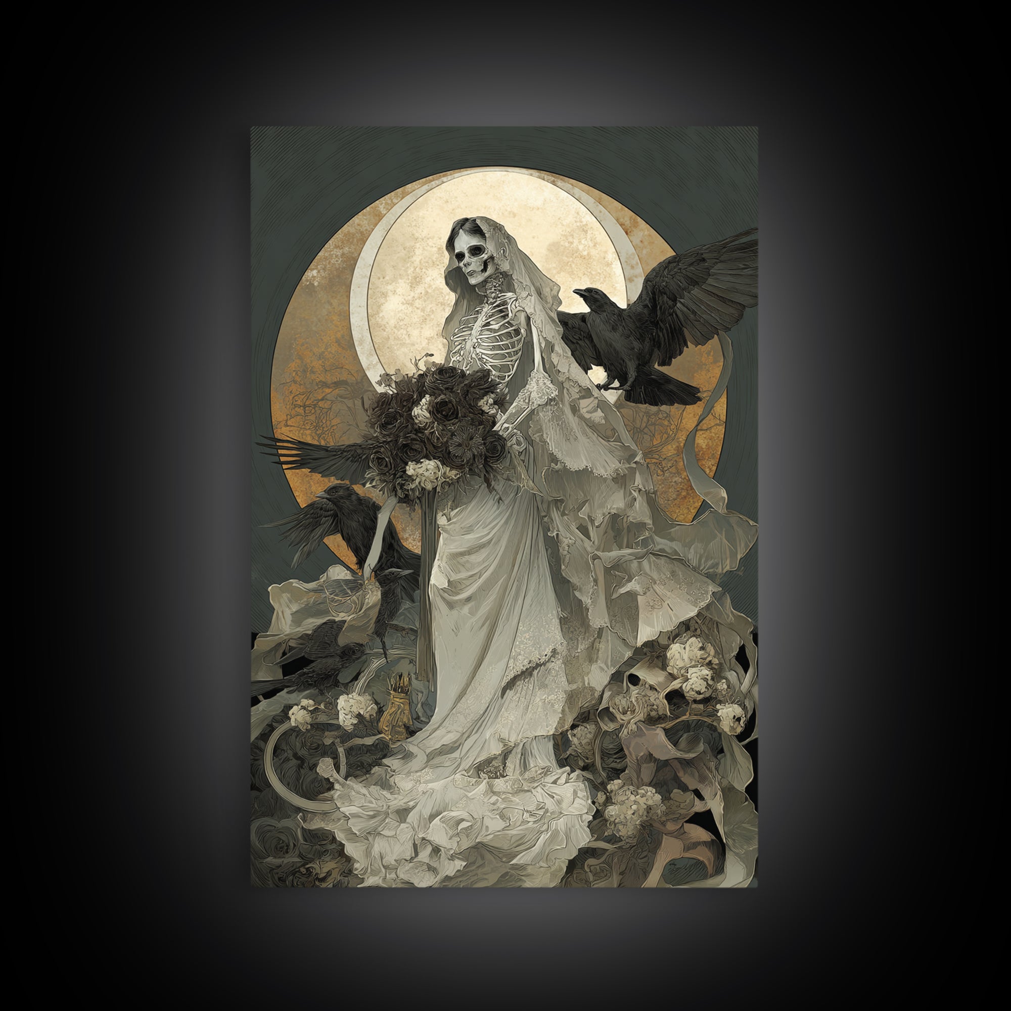 The Skeletal Bride, Decadent Gothic Art, Vertical Wall Art, Dark Halloween Decor, Framed Canvas Print, Halloween Wall Art