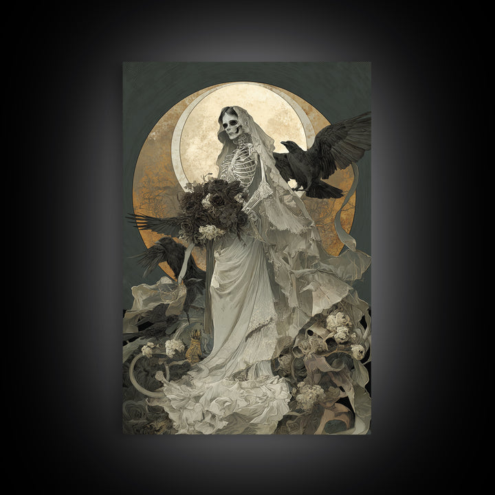 The Skeletal Bride, Decadent Gothic Art, Vertical Wall Art, Dark Halloween Decor, Framed Canvas Print, Halloween Wall Art