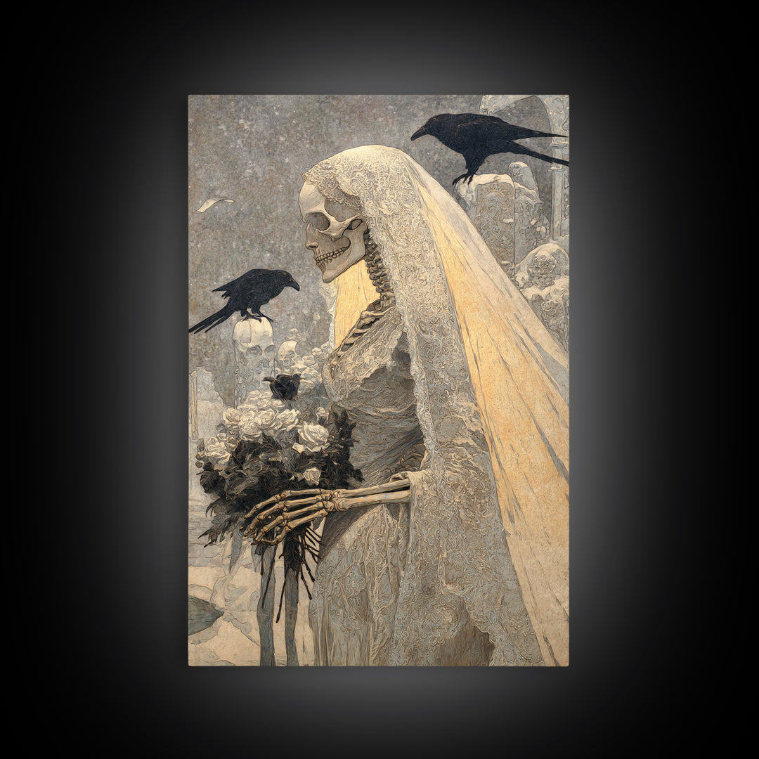 The Skeletal Bride, Symbolist Death Art, Vertical Wall Art, Macabre Wall Art, Framed Canvas Print, Halloween Wall Art