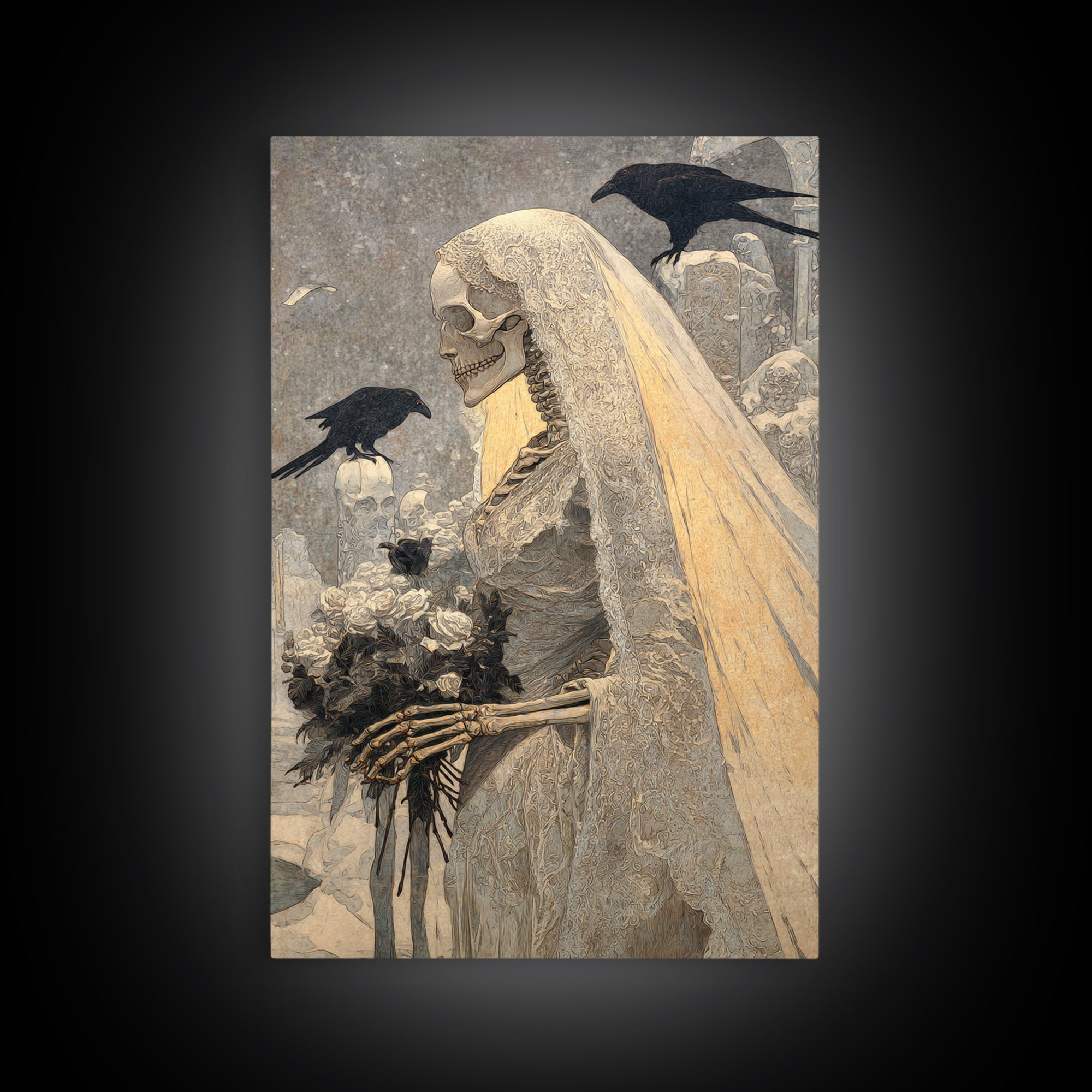 The Skeletal Bride, Symbolist Death Art, Vertical Wall Art, Macabre Wall Art, Framed Canvas Print, Halloween Wall Art