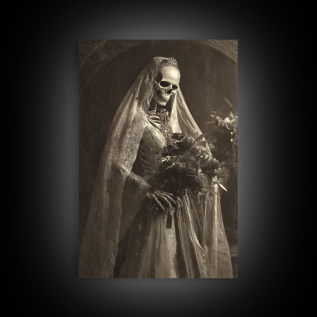 The Skeletal Bride, Dark Symbolist Art, Vertical Wall Art, Dark Fantasy Wall Art, Framed Canvas Print, Halloween Wall Art