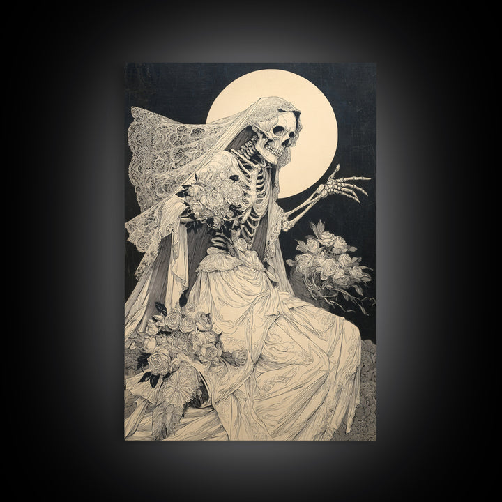 The Skeletal Bride, Symbolist Etching Art, Vertical Wall Art, Macabre Wall Art, Canvas Print, Halloween Wall Art, Statement Wall Art