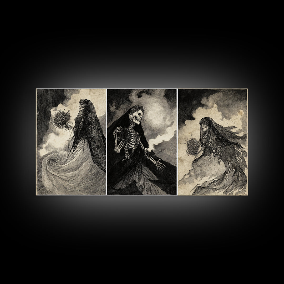 The Skeletal Bride, Expressionist Nightmare Art, Wide Panoramic Art, Dark Fantasy Wall Art, Framed Canvas Print, Halloween Wall Art