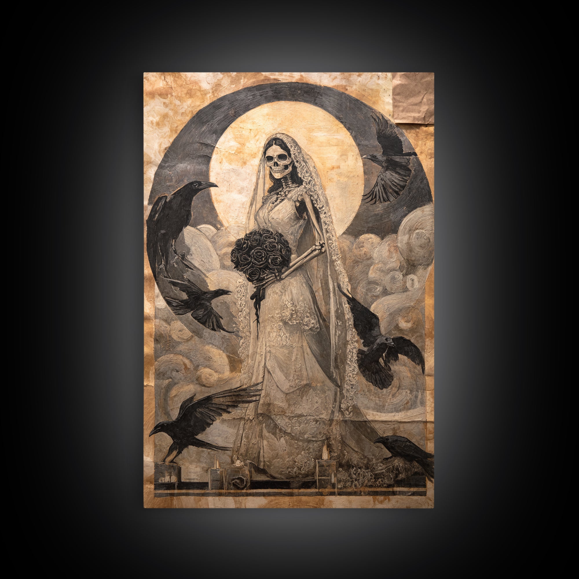 The Skeletal Bride, Expressionist Gothic Art, Vertical Wall Art, Gothic Horror Wall Art, Framed Canvas Print, Halloween Wall Art