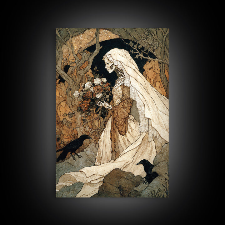 The Skeletal Bride, Gothic Storybook Art, Vertical Wall Art, Gothic Horror Wall Art, Canvas Print, Halloween Wall Art