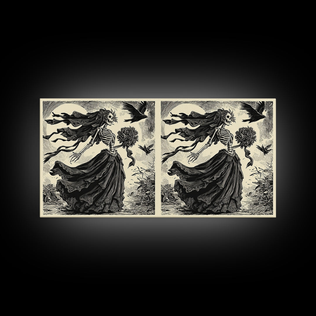 The Skeletal Bride, Macabre Folk Print Art, Wide Panoramic Art, Dark Halloween Decor, Framed Canvas Print, Halloween Wall Art
