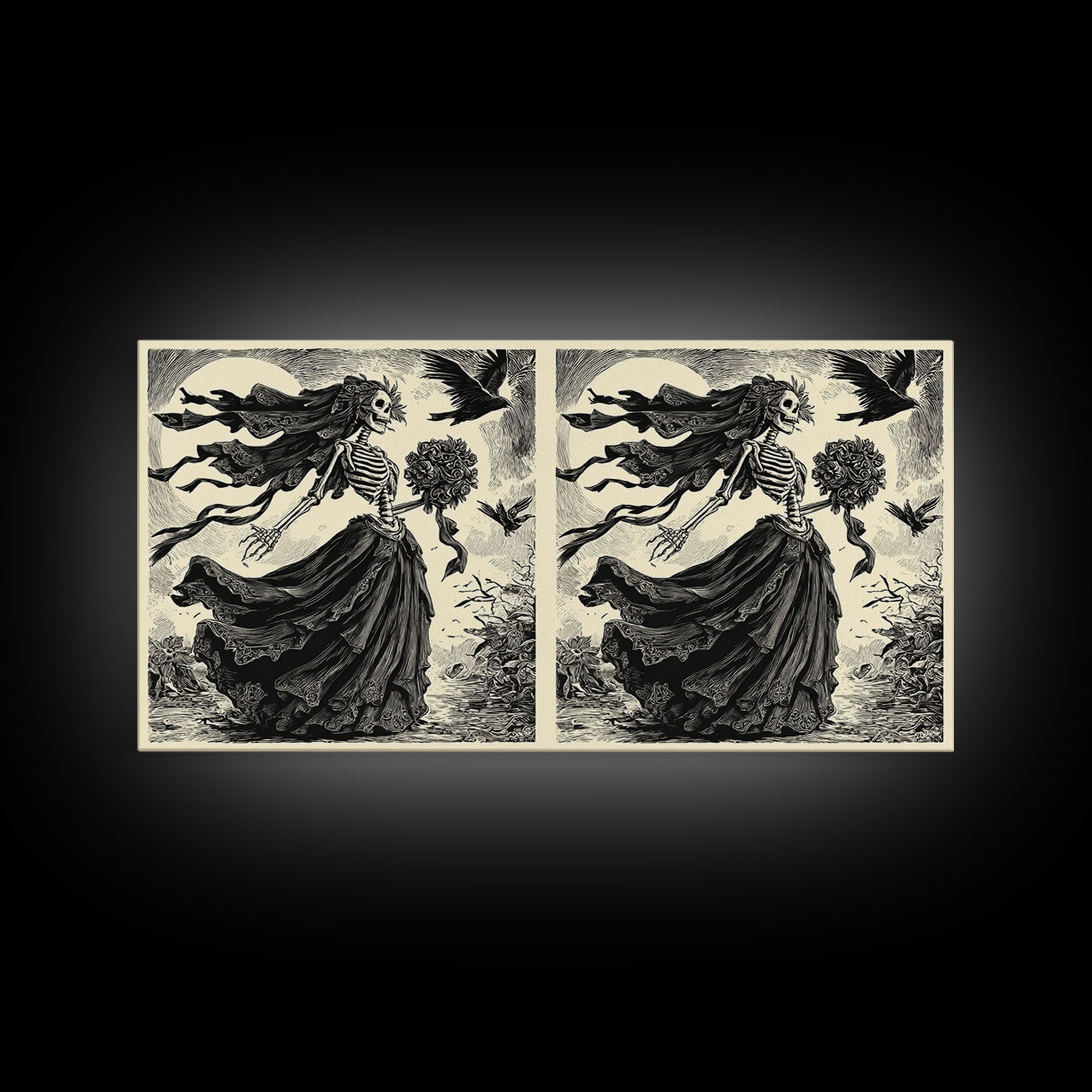 The Skeletal Bride, Macabre Folk Print Art, Wide Panoramic Art, Dark Halloween Decor, Framed Canvas Print, Halloween Wall Art