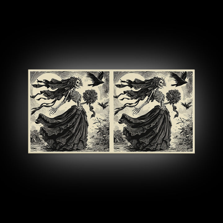 The Skeletal Bride, Macabre Folk Print Art, Wide Panoramic Art, Dark Halloween Decor, Framed Canvas Print, Halloween Wall Art