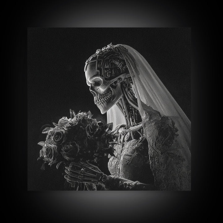 The Skeletal Bride, Biomechanical Horror Art, Square Wall Art, Dark Fantasy Wall Art, Canvas Print, Halloween Wall Art, Halloween Decor