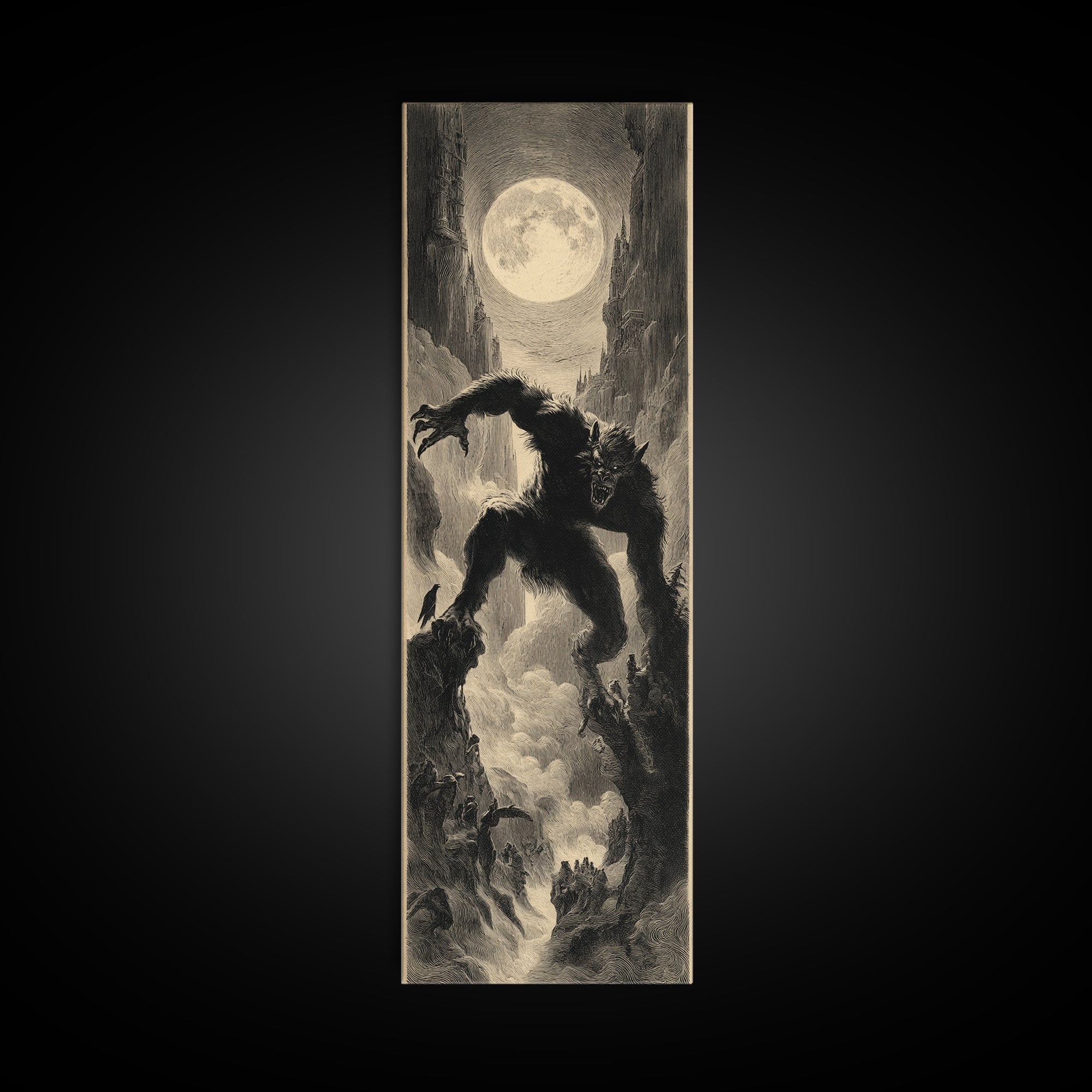 The Moon-Cursed Werewolf, Gothic Engraving Art, Tall Narrow Wall Art, Macabre Wall Art, Framed Canvas Print, Halloween Wall Art