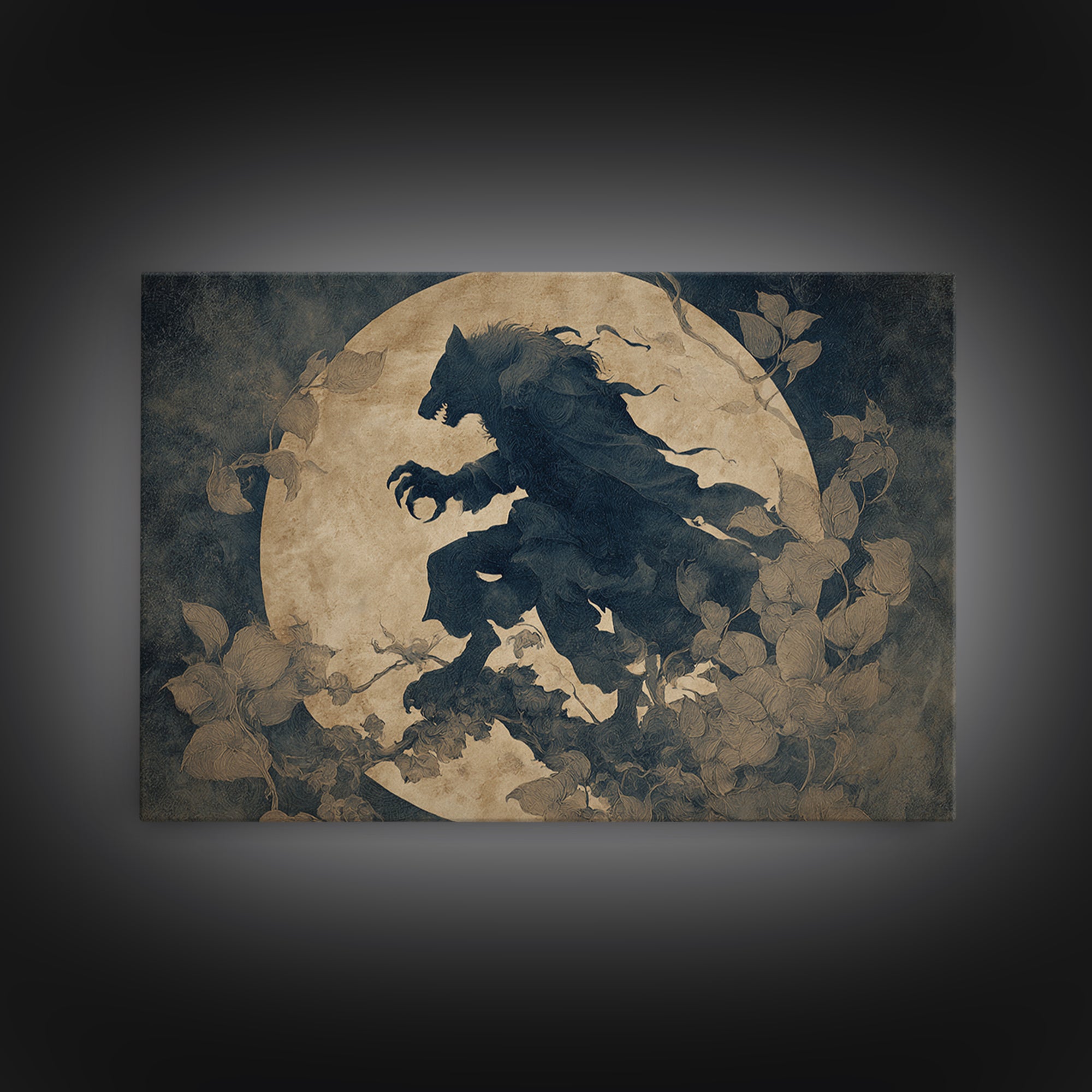 The Moon-Cursed Werewolf, Medieval Grotesque Art, Landscape Wall Art, Macabre Wall Art, Framed Canvas Print, Halloween Wall Art