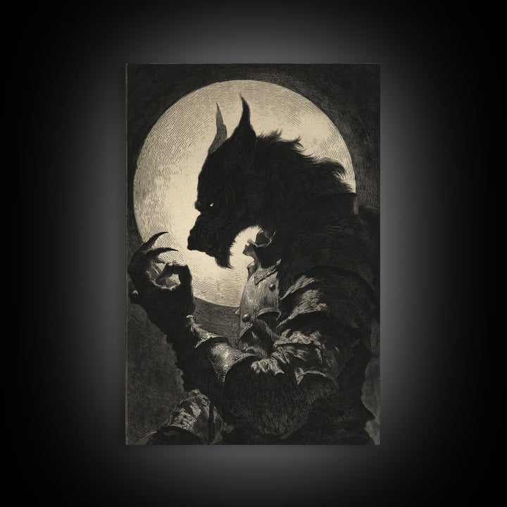The Moon-Cursed Werewolf, Renaissance Engraving Art, Vertical Wall Art, Macabre Wall Art, Framed Canvas Print, Halloween Wall Art